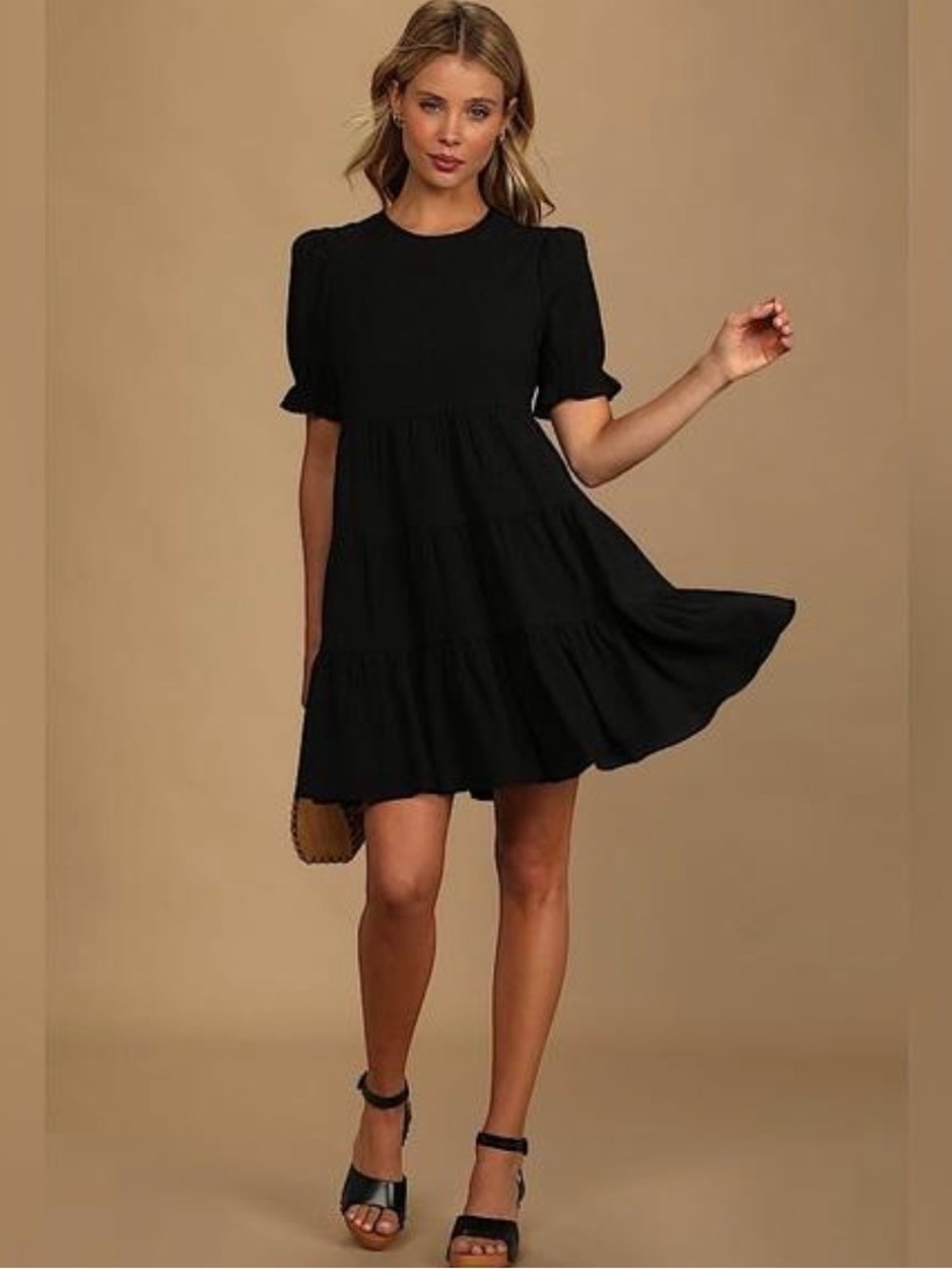 Lulus Favorite Day Black Puff Sleeve Tiered Mini Dress L NWT